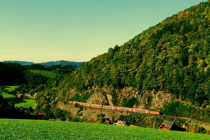 landscape, train, railroad, mountains, forest, trees, woods