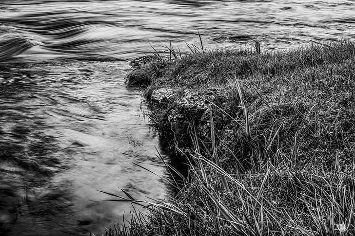 dramatic, water, grass, grasses, bank, wave, reflections