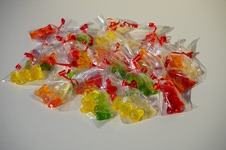 Gummi bears, csomagolt, tasak, mitbringsel, celofán, gyümölcs íny, medve