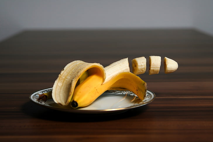 banana, Sliced, silver plate, food and drink, fruit, table, food