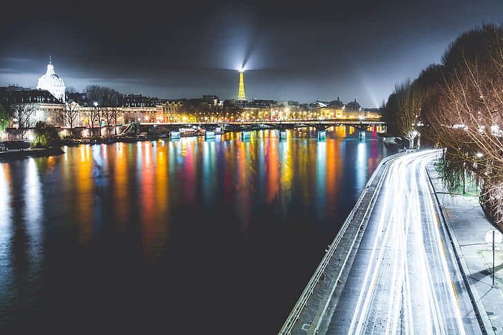 paris, france, cityscape, river, water, road, reflection