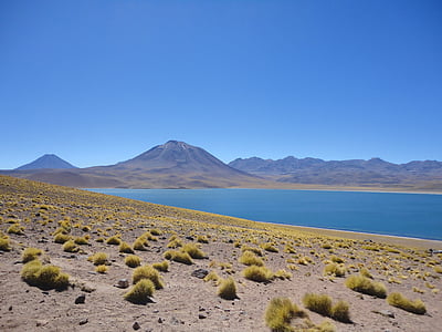 Čilė, dykuma, Stepė, ežeras, Lengvai pustomas sniegas, mėlyna, ugnikalniai