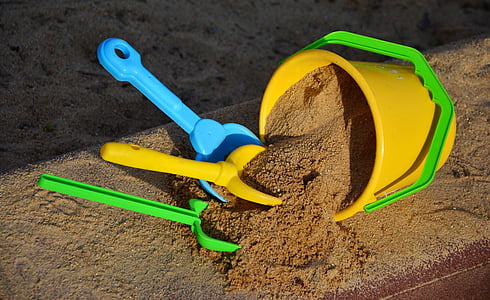 sand, sand bucket, scoop, cooperation, together, sand pit, playground