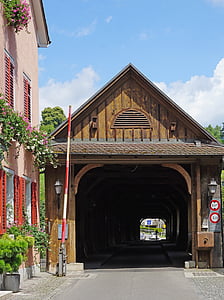 木製の橋, 税関橋, トラス, holzjoche, 両切妻屋根, ライン, スイス連邦共和国ドイツ