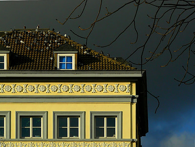 Casa, edifício, janela, fachada, arquitetura, nuvens, trovoada