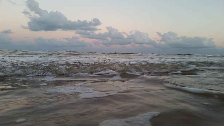 waves, sunset, clouds, beach, water, sky, nature