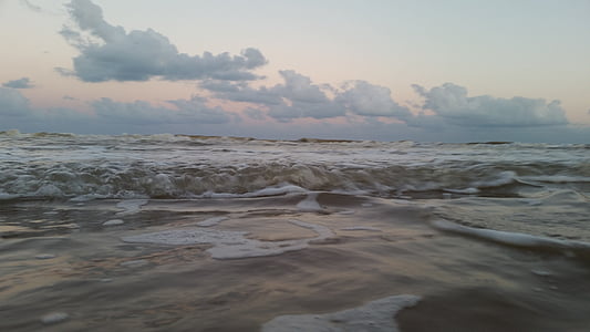 vlny, Západ slunce, mraky, pláž, voda, obloha, Příroda