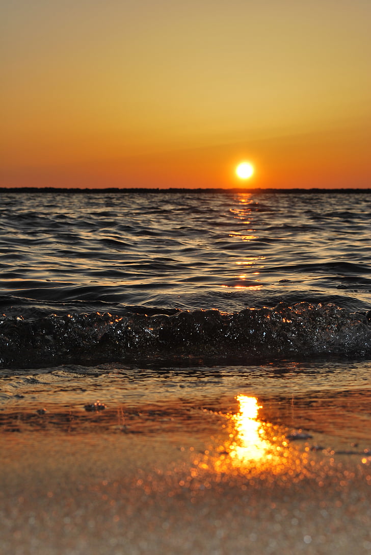 platja, reflexió, sorra, al costat del mar, Alba, posta de sol, l'aigua