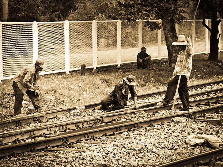 bangkok, thailand, railroad, worker, train, man, nostalgic color