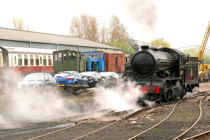 train, engine, locomotive, steam, cars, station, railway