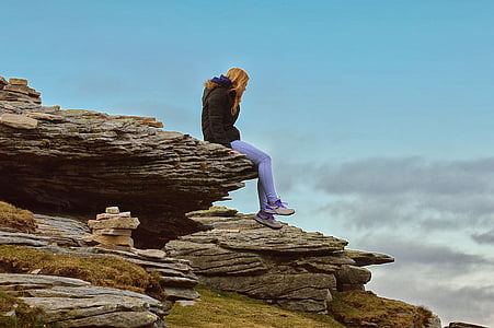 meditação, pensamento, Horizon, montanha, uma pessoa, somente adultos, Rock - objeto