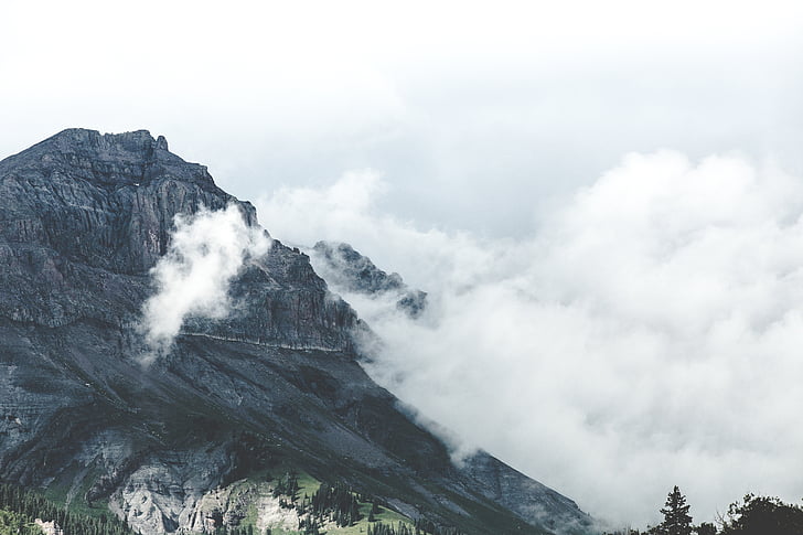 grey, mountain, surrounded, smoke, clouds, daytime, cloud