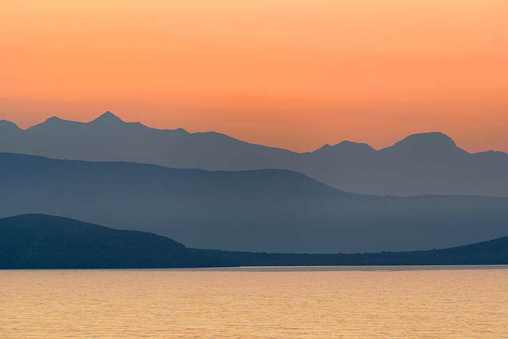 silhouette, mountain, ranges, sunset, orange, water, nature