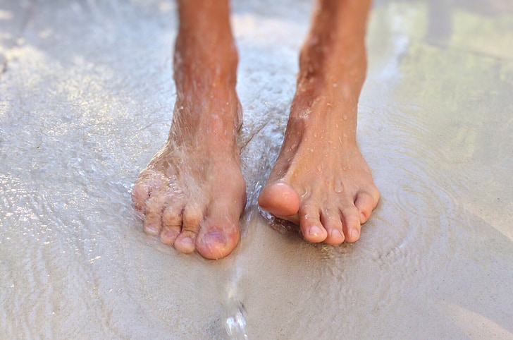 피트, 맨발, 밖에 서, 젖은, 비치, 인간의 발, 물
