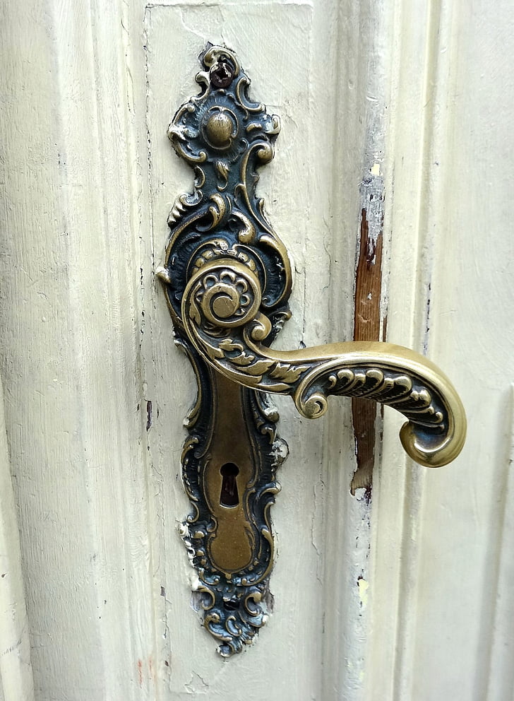 durų rankena, durys, makro, įėjimas, atidaryti, metalo, rakto skylutę
