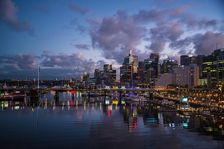 Darling harbour, Sydney, Australie, aube, bâtiments, lumières, nuit