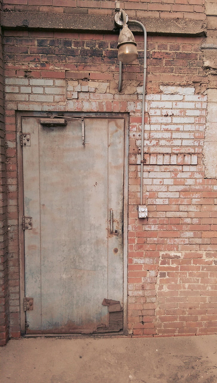 porta de entrada, fábrica, tijolo, porta, velho, industrial, assustador