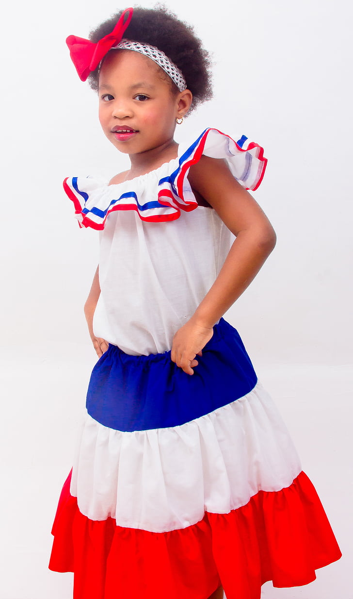 dominican, girl, dress, dominican republic, colors, red with blue, blue with red