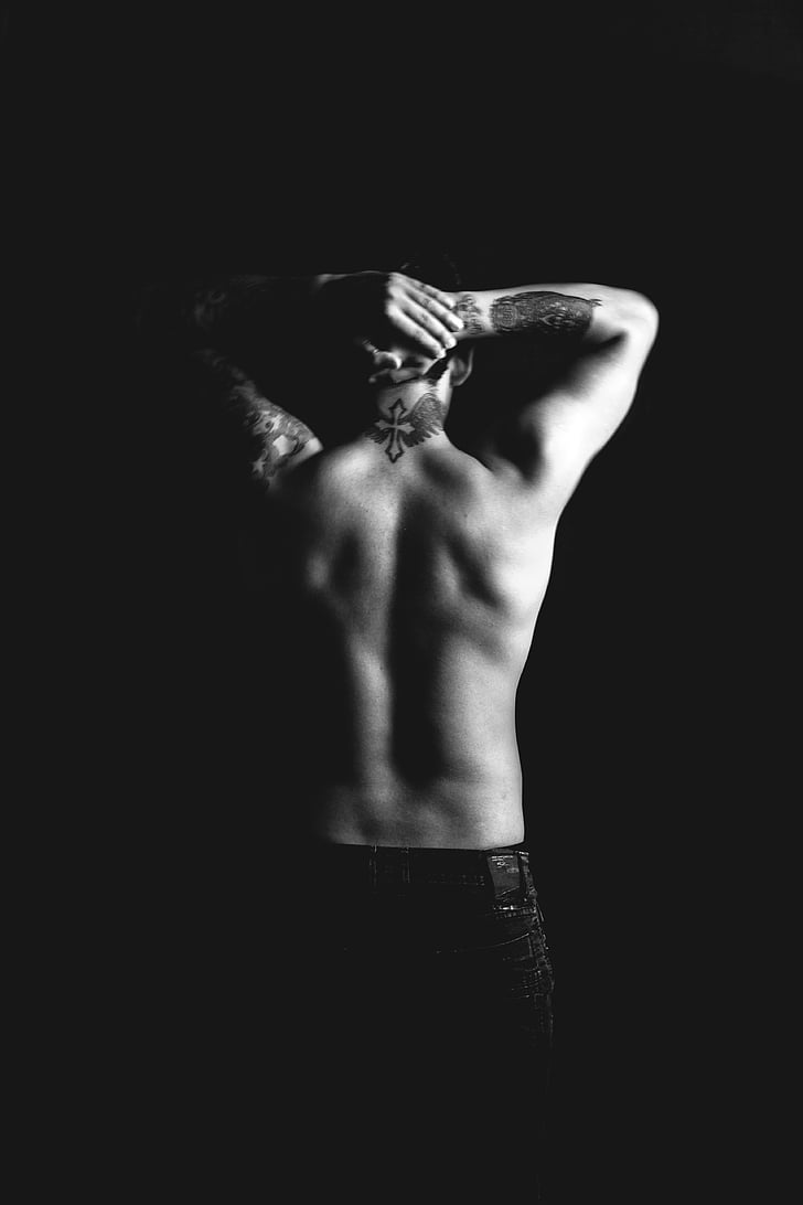 esquena, tatuatges, blanc, negre, mans, braços, gimnàs