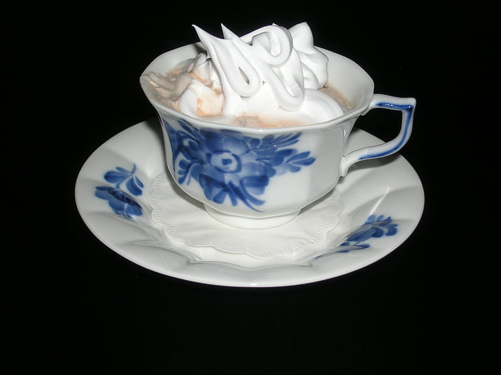 cocoa, cup, whipped cream, blue flower, hot, drink, chocolate