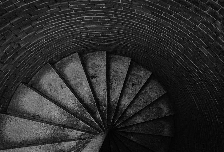 structures, stairs, bricks, spiral, cement, black And White, architecture