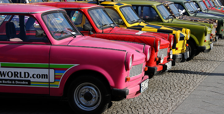 Berlín, Trabant, Trabi, auto, Německo, barvy, pozemní vozidla