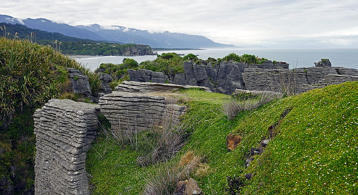 Pancake rocks, Nya Zeeland, västkusten, Sydön, Cliff, landsbygdens scen, jordbruk