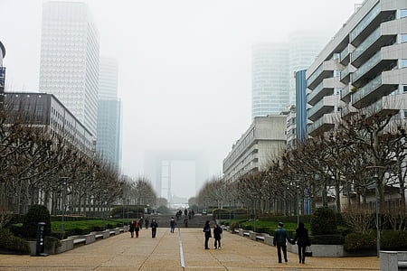 paris, france, facade, architecture, la defense, fog, people