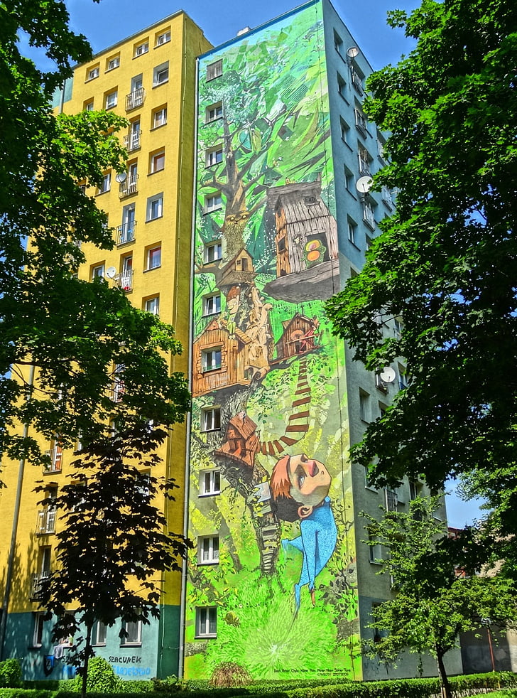 mural, moczynskiego calle, Bydgoszcz, pintura, pared, Casa, edificio