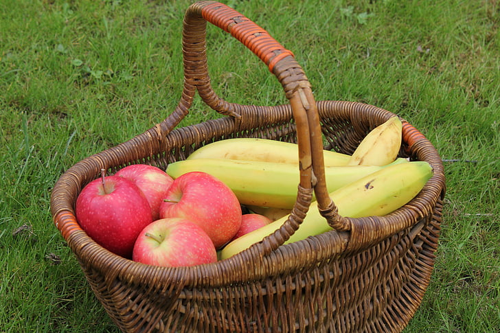 kosár, gyümölcs, Alma, banán, fonott, cukornád, kopott chic