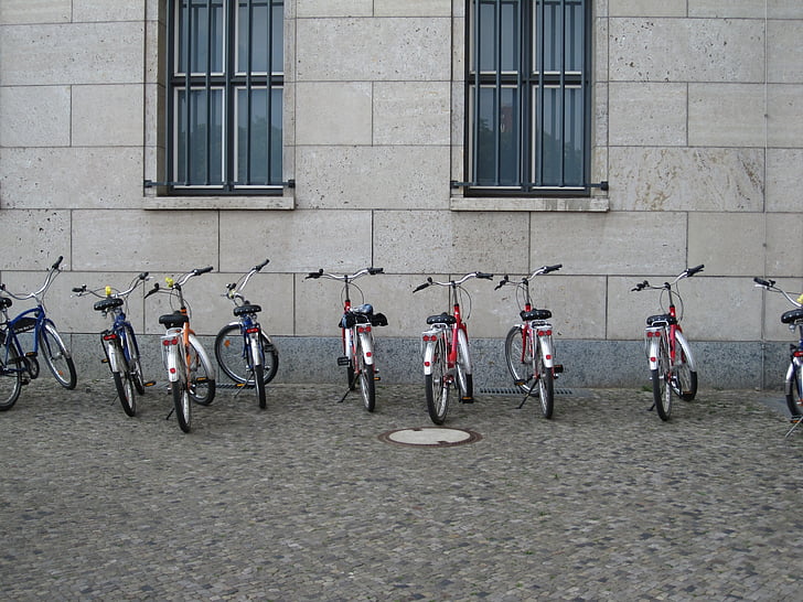 bicycles, bikes, parked, transport, urban, transportation, row