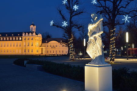Castle, Karácsony, szobor, kék óra, Karlsruhe, abendstimmung, kastély illuminations