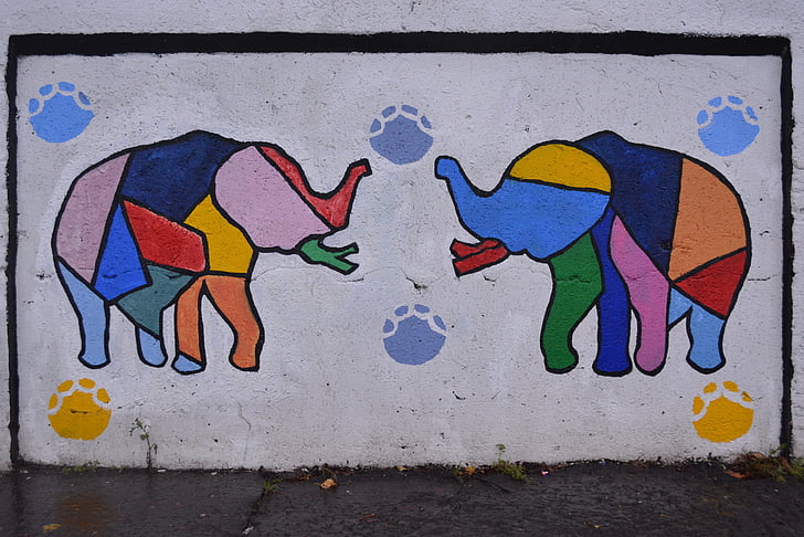 drawing, colors, art, graffiti, work of art, mural, elephant