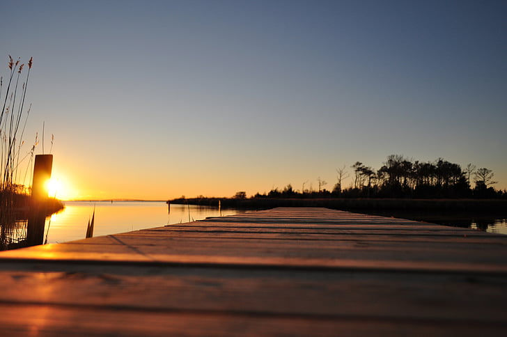 Západ slunce, Boardwalk, voda, obloha, dřevěný, dovolená, pobřeží