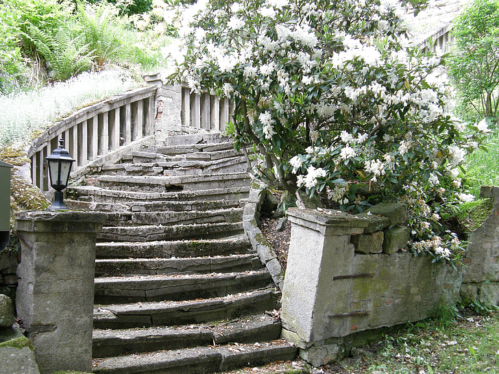 stairs, lapsed, white, dilapidated, mysterious, ailing, staircase