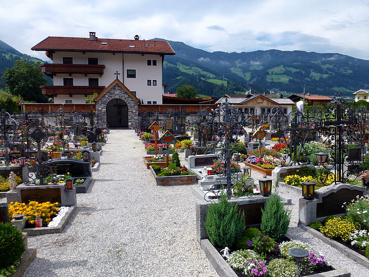 uderns, austria, buildings, village, cemetery, flowers, plants