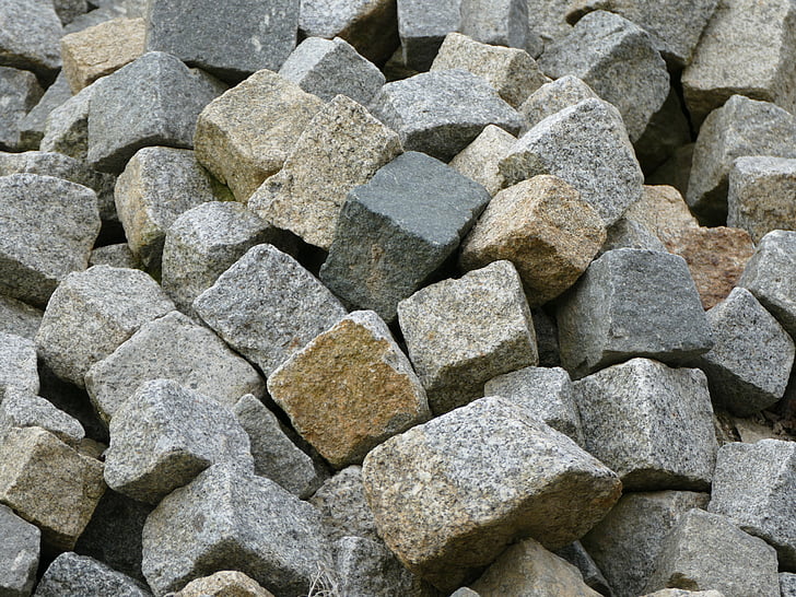 Brostein, grå, fortau, steiner, gravrøys, byggemateriale, haug