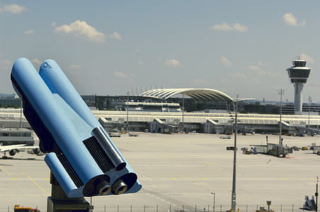 airport, munich, telescope, observation deck, binoculars, munich airport, aviation