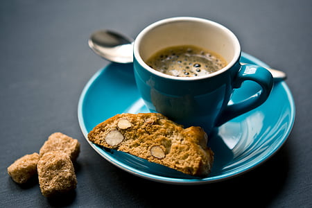 káva, vedle, soubor cookie, nerez, ocel, lžíce, talíř