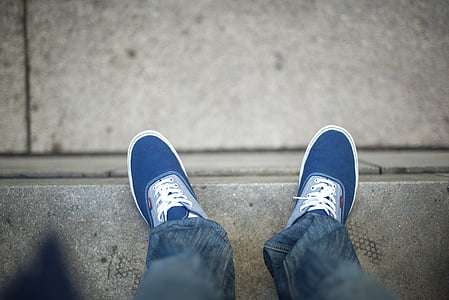 blauw, wit, schoenen, Sneakers, Jeans, Denim, levensstijl