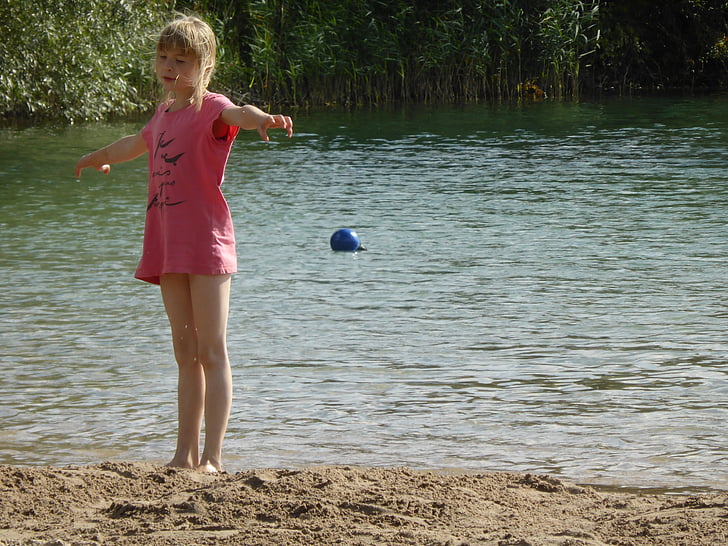 girl, child, sand, play, water, beach, lake