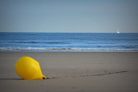 buoy, beach, sea, yellow buoy