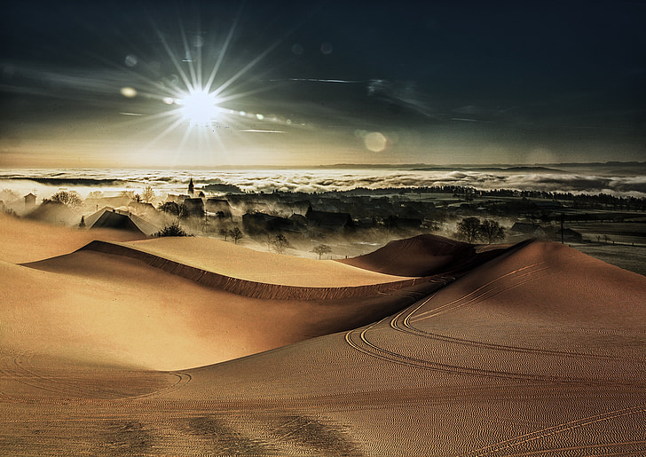 ørkenen, byen, skyen, solen, Horizon, landskapet, bilde