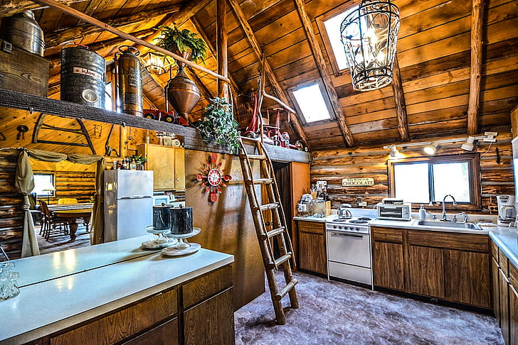 log, cabin, rustic, home, interior, kitchen, ladder