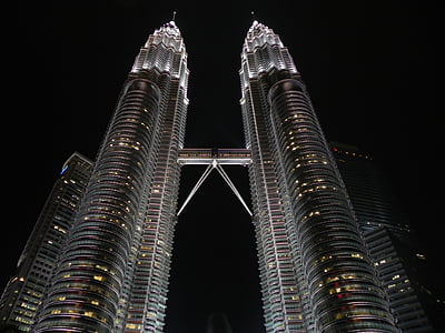 architecture, buildings, city, low angle shot, Malaysia, perspective, skybridge