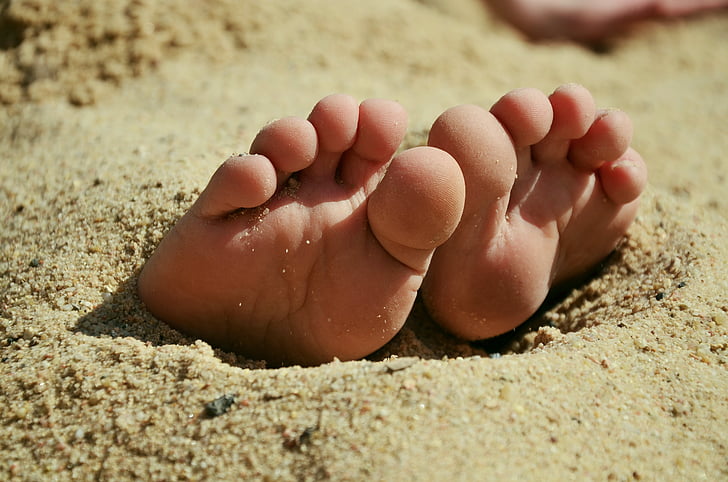 piedi, sabbia, dieci, a piedi nudi, spiaggia, estate, sabbia