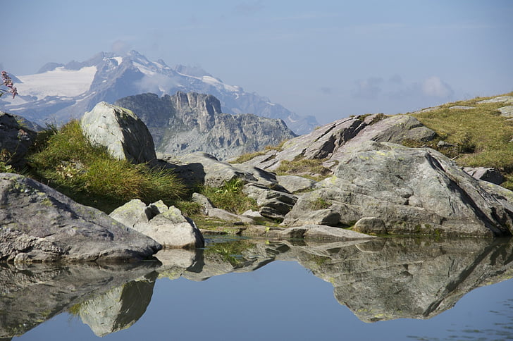 Bergsee, Rock, spegling, framsyn, leglerhütte