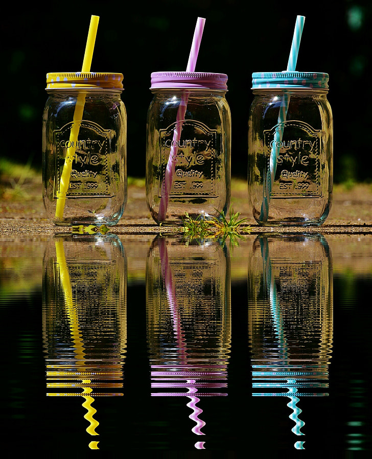 vasos para beber, verano, espejado, agua, Color, paja de, puntos