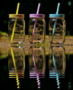 vasos para beber, verano, espejado, agua, Color, paja de, puntos