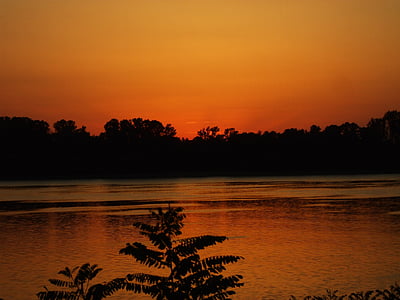 solnedgång, skymning, Twilight, floden, Orange
